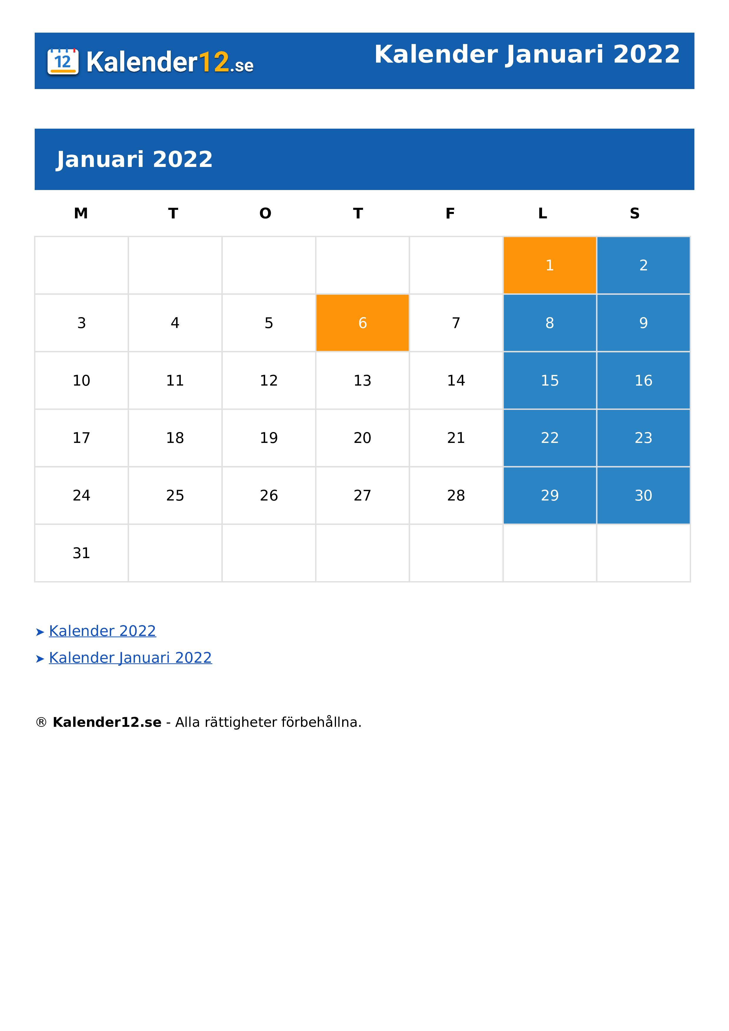 Januari 2022 kalender January 2022
