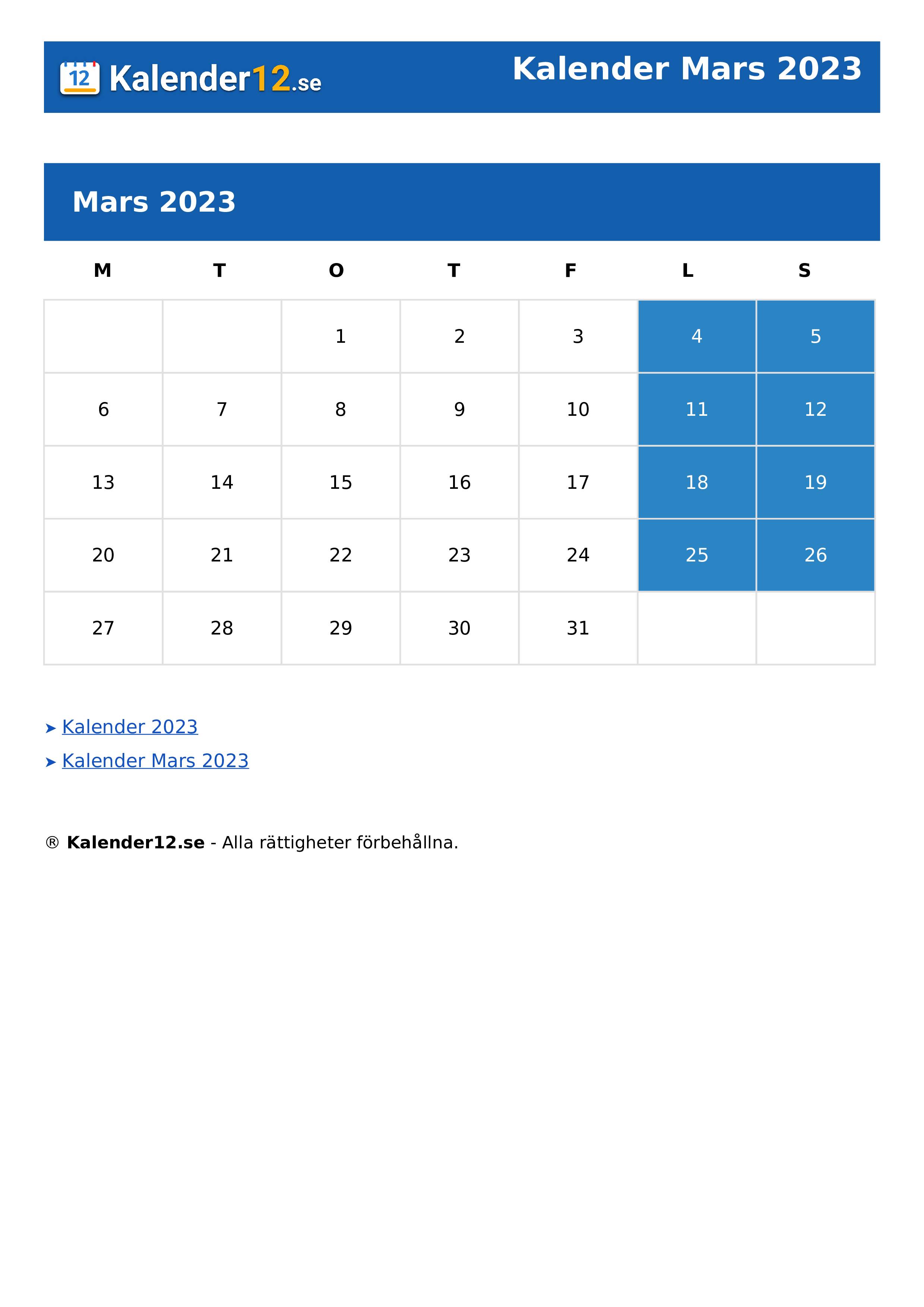 Calendar Mars 2023